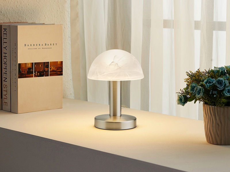 DESIGN LED Nachttischleuchte Nickel matt Kugel Lampenschirm Glas Opal-Weiß Flur