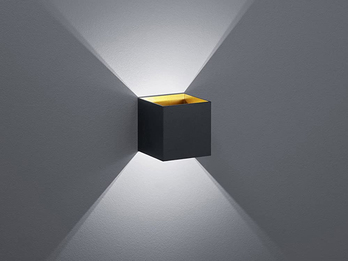 Moderne up & down LED Wandleuchte KUBUS schwarz matt/ gold, 10x10x10cm
