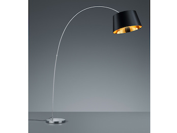Moderne Bogenleuchte LINZ chromfarben, mit Stofflampenschirm Ø50cm schwarz/gold