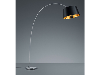 Moderne LED Bogenleuchte chromfarben mit Stofflampenschirm Ø50cm in schwarz/gold