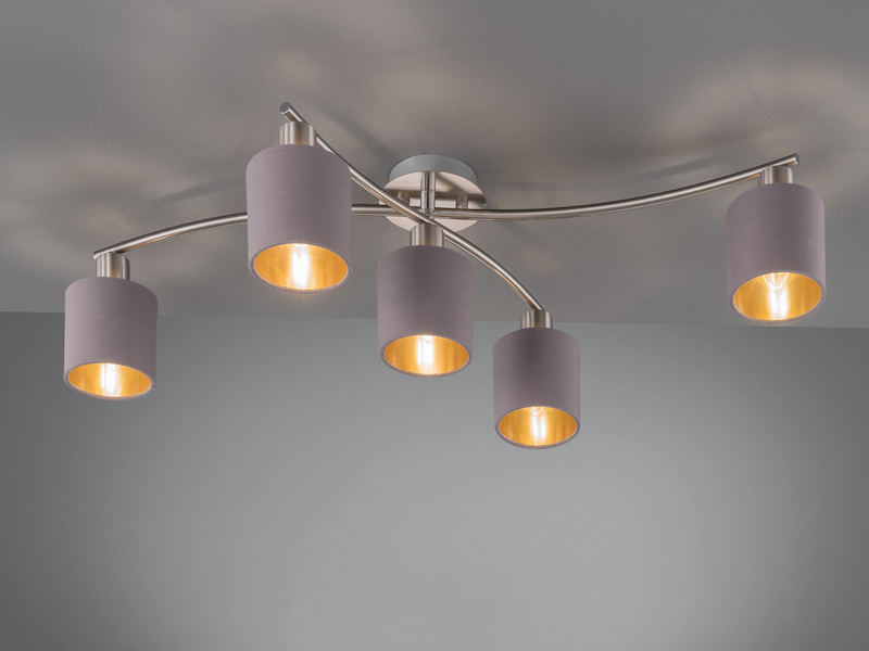 Trio 5-flammige LED Deckenlampe Nickel matt Schirme Textil / meine
