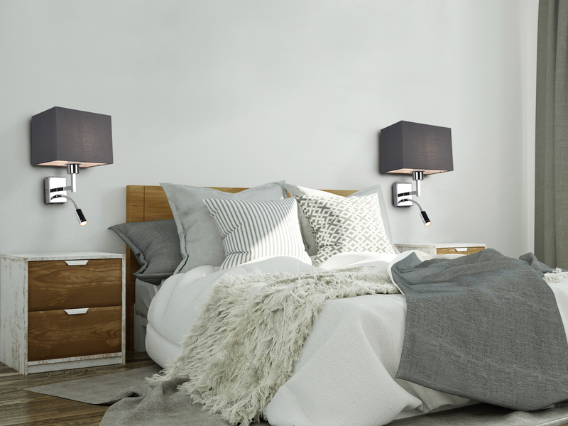 Wandleuchte CAIMA mit LED Leselampe & Stoffschirm Grau für Bett & Sofa