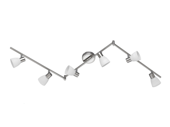 6-flammiger LED-Deckenstrahler CARICO, Nickel matt, Glas weiß, dimmbar,B. 150 cm