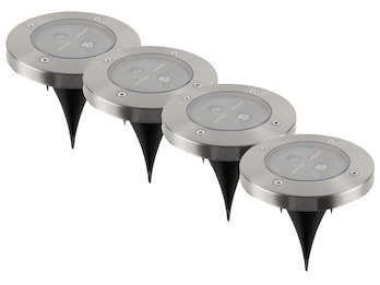 4er-Set LED Solarstrahler, Edelstahl, Dämmerungssensor, Erdspieß IP44