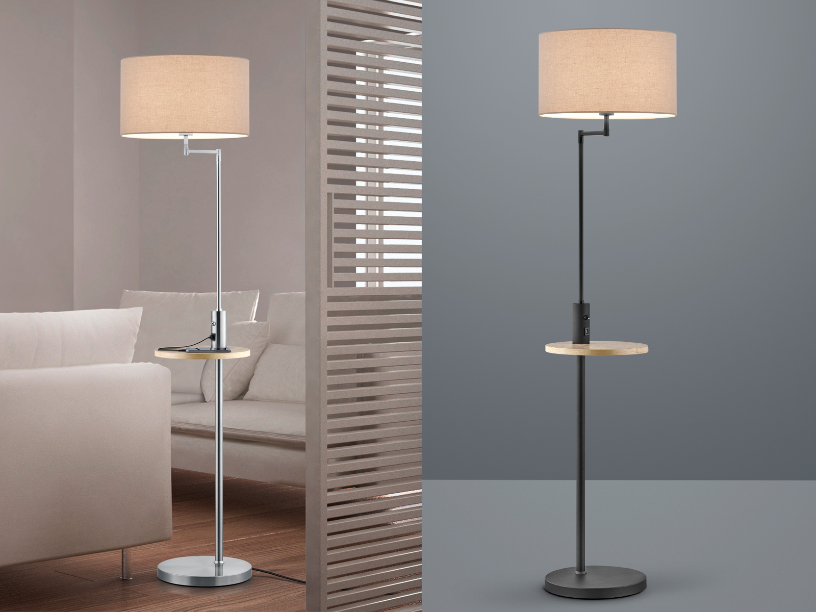 Stehlampen mit Stoffschirm grau Holz Ablagetisch & USB Anschluss fürs