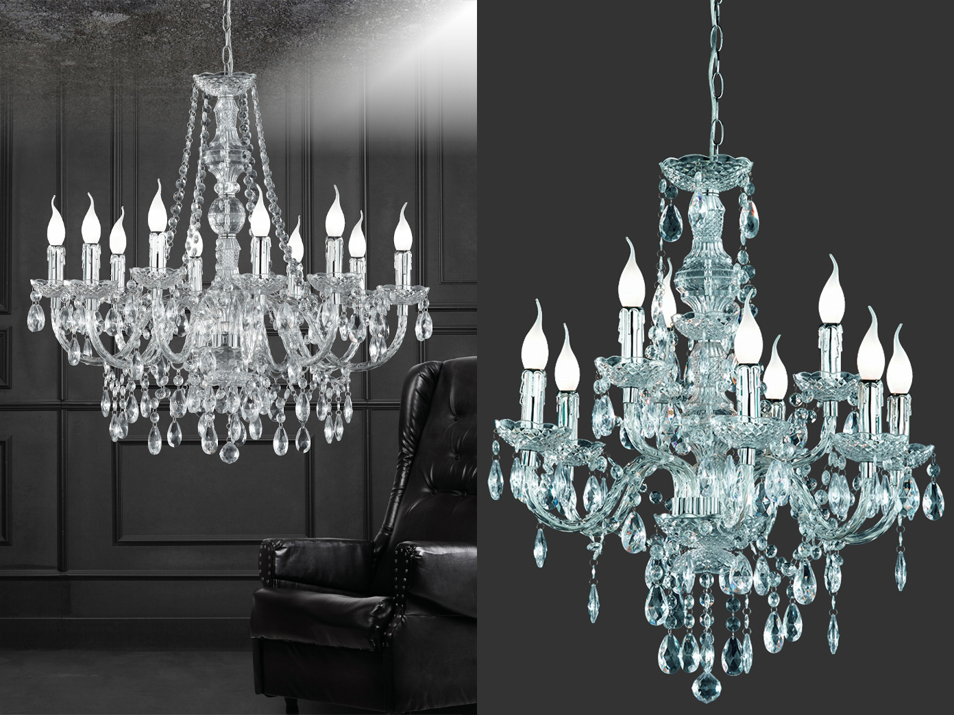 Großer Kerzen Kronleuchter extra lang hängend für hohe Decken