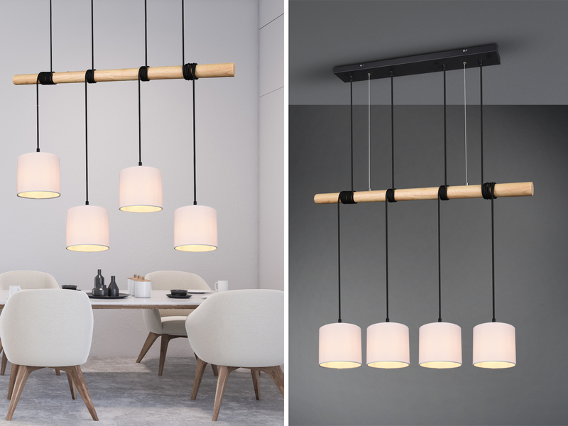 Pendelleuchten mit Holzbalken & Stofflampenschirm, Hängelampen für über
